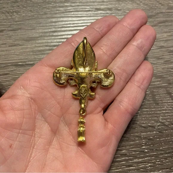 Vintage Signed Premier Designs Gold & Red Enamel Fleur de Lis Brooch & Pendant - Picture 2 of 6